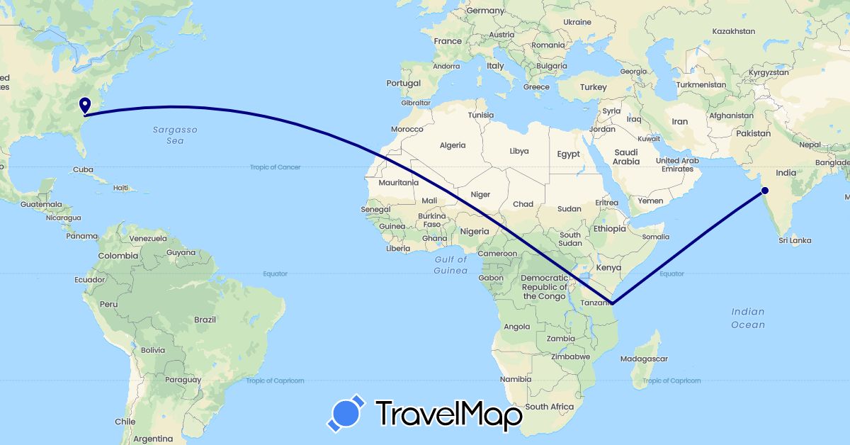 TravelMap itinerary: driving in India, Tanzania, United States (Africa, Asia, North America)